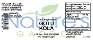 Gotu Kola - 90 Veggie Caps with 400mg Organic Gotu Kola Herb