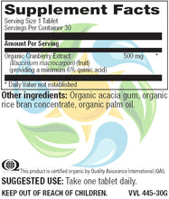 Organic Cranberry 500 mg Veg Tabs  30 Count